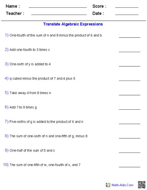 Translating Algebraic Expressions - Equations interactive worksheet